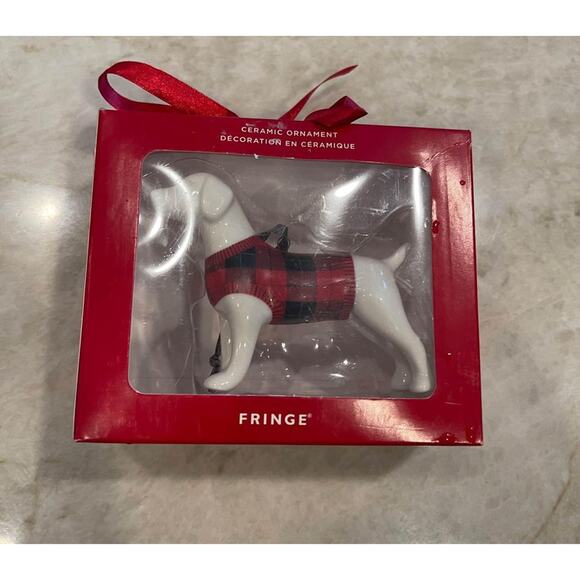 Fringe Christmas Dog with plaid sweater ornament new in box - Picture 1 of 5